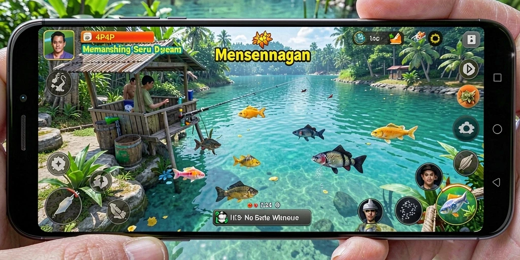 Tampilan gameplay 4P4P yang menarik saat memancing ikan.