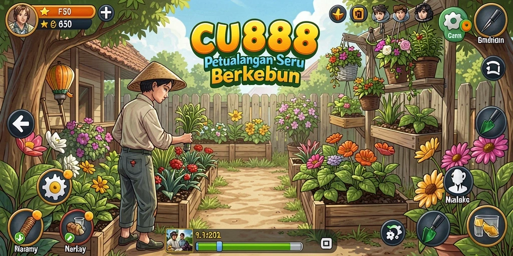 Tampilan gameplay CU888 yang menampilkan aktivitas berkebun interaktif.