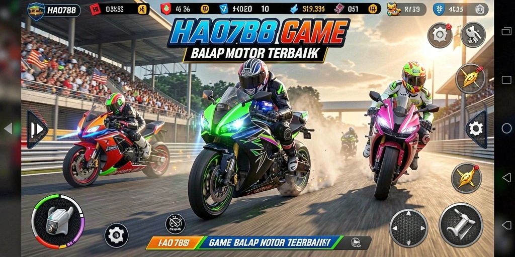 Screenshot gameplay HAO788 menunjukkan balapan motor yang mendebarkan.