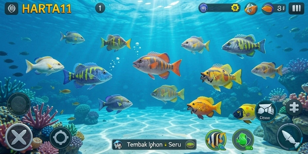 Screenshot HARTA11 menampilkan aksi seru menangkap ikan.