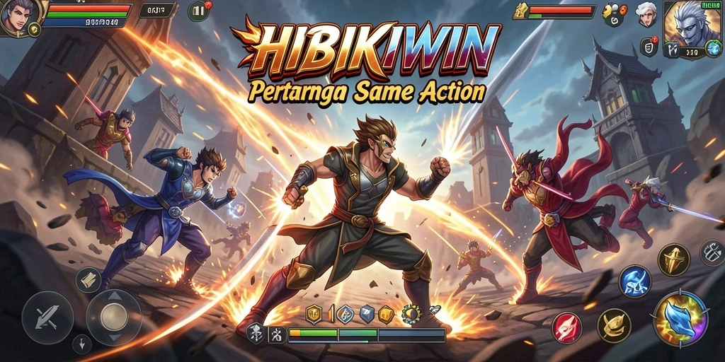 Tampilan gameplay HIBIKIWIN yang penuh aksi dan pertarungan seru.