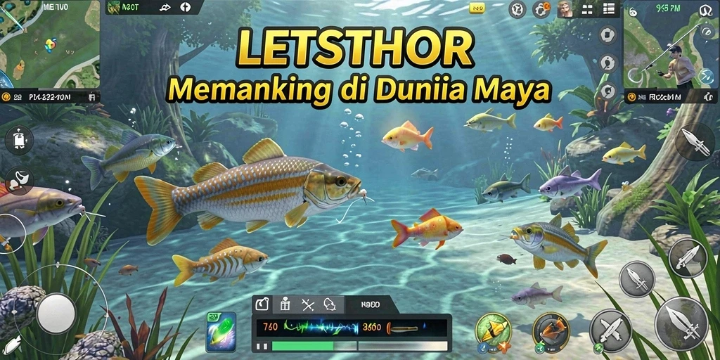 Tampilan gameplay LETSTHOR yang menampilkan aksi memancing yang seru.