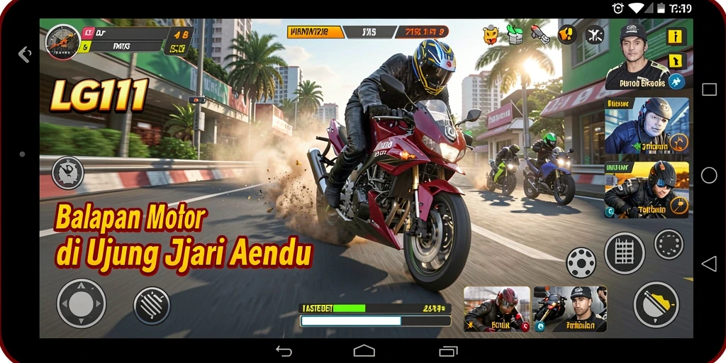Screenshot gameplay LG111 menampilkan aksi balap motor yang mendebarkan.