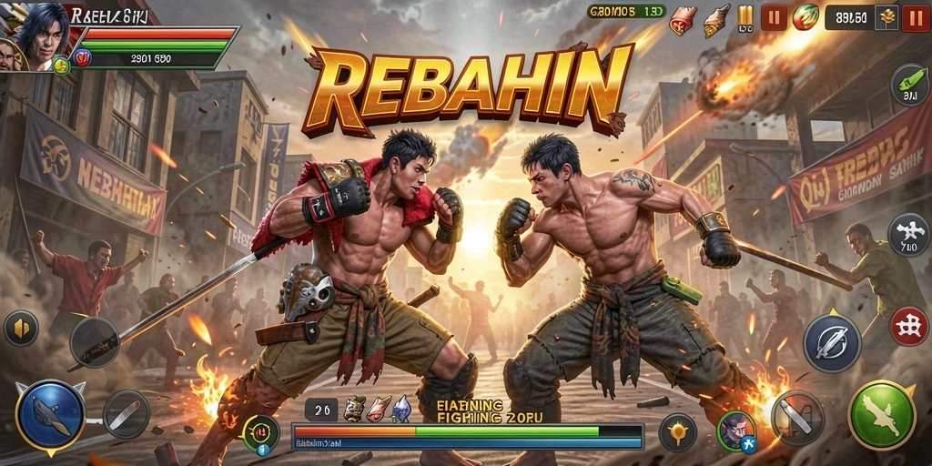 Menampilkan pertarungan seru antara karakter di arena.