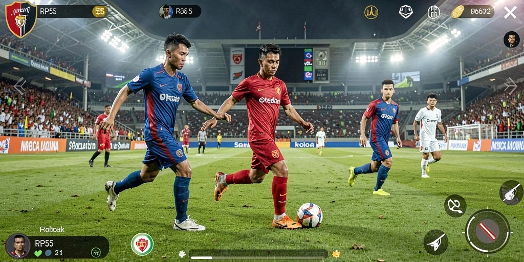 Screenshot gameplay RP55 menampilkan aksi sepak bola yang mendebarkan.