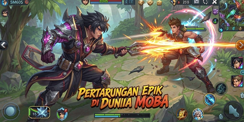 Screenshot gameplay SM605 menampilkan pertarungan antara hero di arena MOBA.