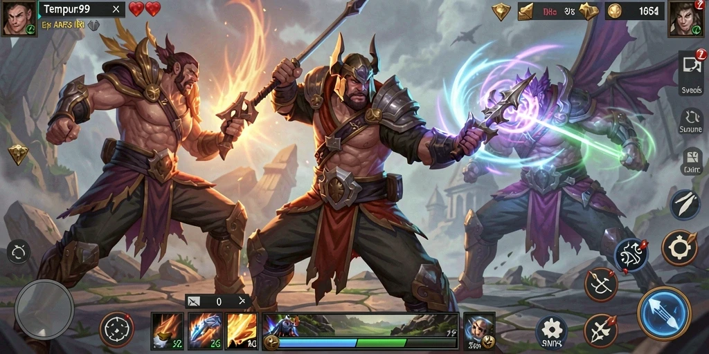 Tampilan gameplay epik TEMPUR99 dengan pertarungan dinamis.