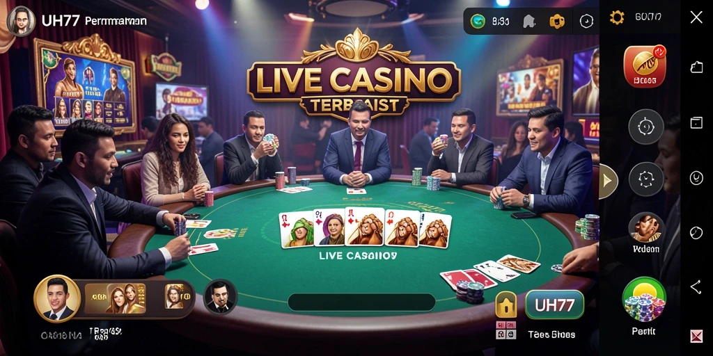 Screenshot gameplay UH77 menampilkan dealer live dan pemain bersemangat di meja permainan.