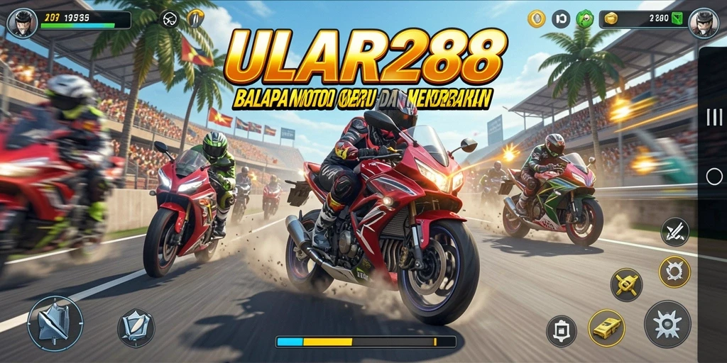 Screenshot gameplay ULAR288 yang menampilkan aksi balapan motor yang mendebarkan.